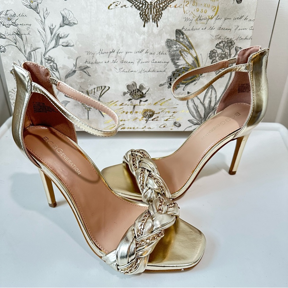 New BCBGeneration Isabel Metallic gold braided stilettoe heels no box size 7.5